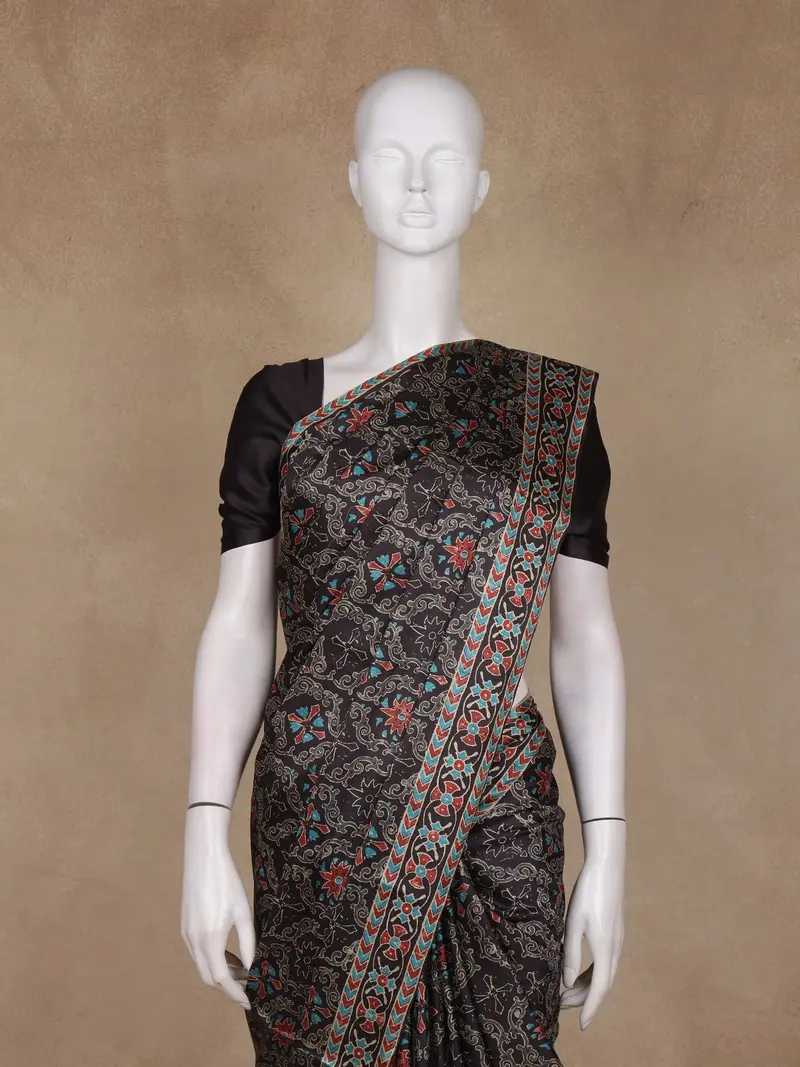 Black Floral Printed Design Tussar Saree With Contrast Border 2