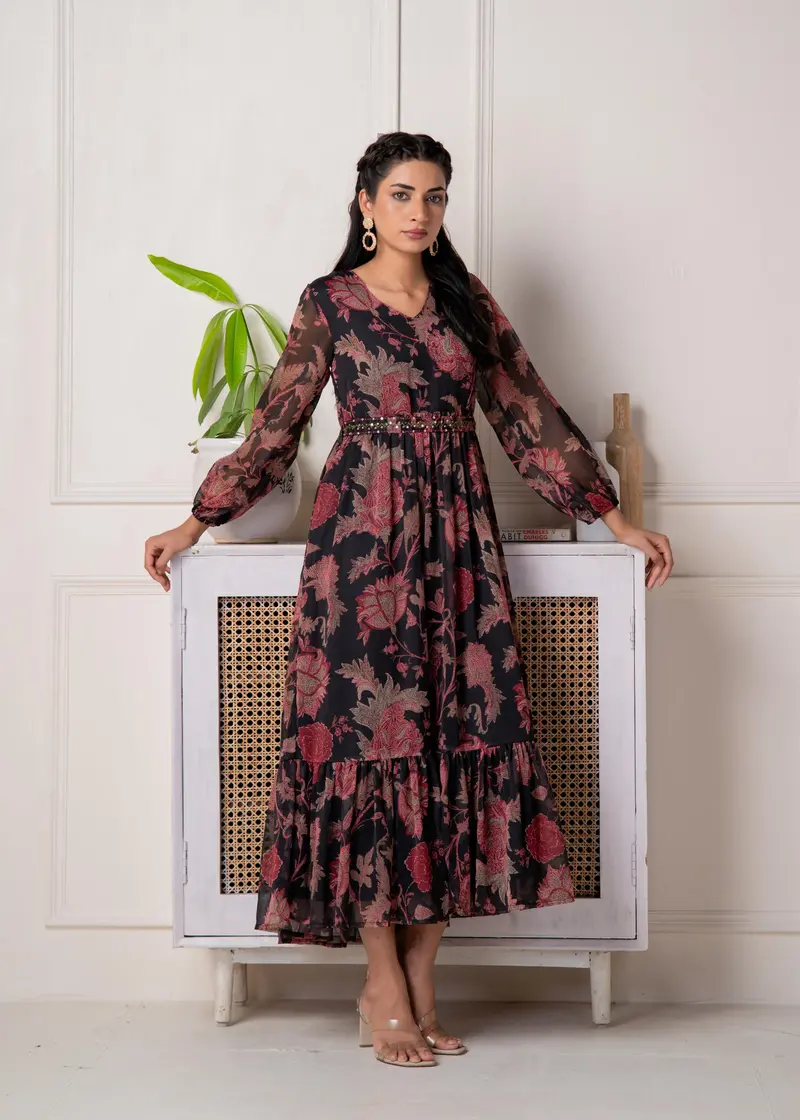 Black Floral Printed Georgette Kurti 1