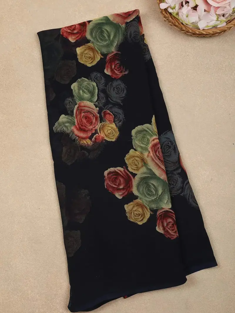 Black Floral Printed Georgette Saree 1