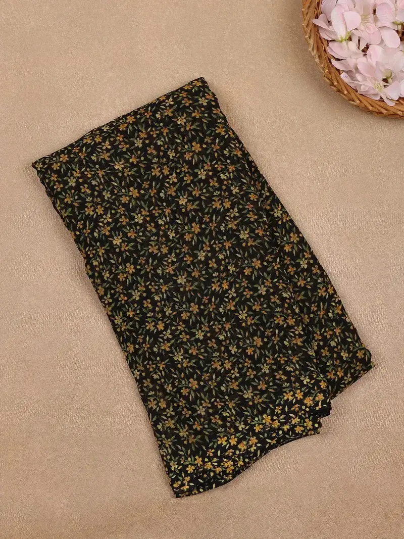 Black Floral Printed Georgette Saree With Matching Blouse 1