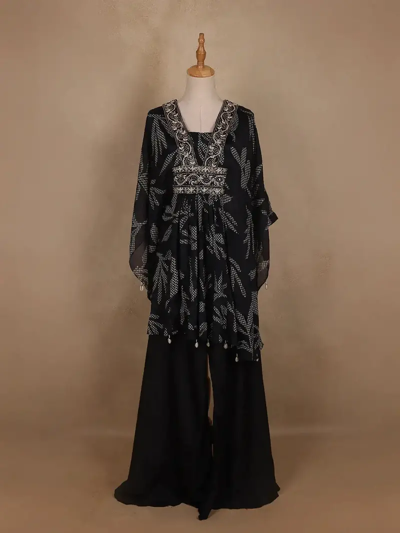 Black Floral Printed Kaftan-Style Georgette Salwar Suit 1