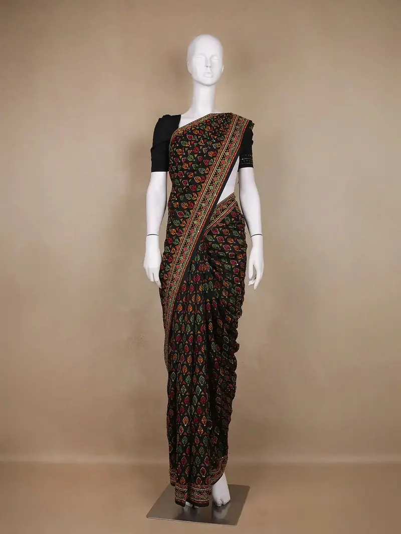 Black Floral Printed Kantha Work Chanderi Cotton Saree 1