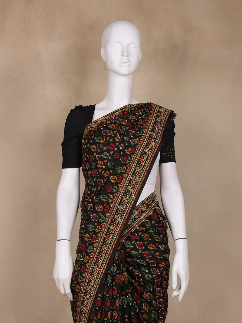 Black Floral Printed Kantha Work Chanderi Cotton Saree 2