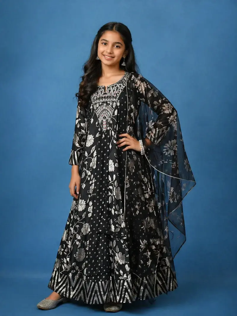 Black Floral Printed Kids Cotton Gown With Embroidered Yoke 1