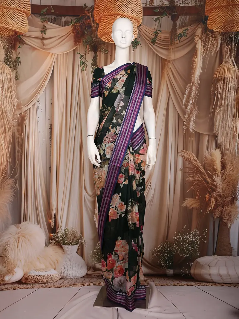 Black Floral Printed Kota Cotton Saree With Contrast Woven Border 1