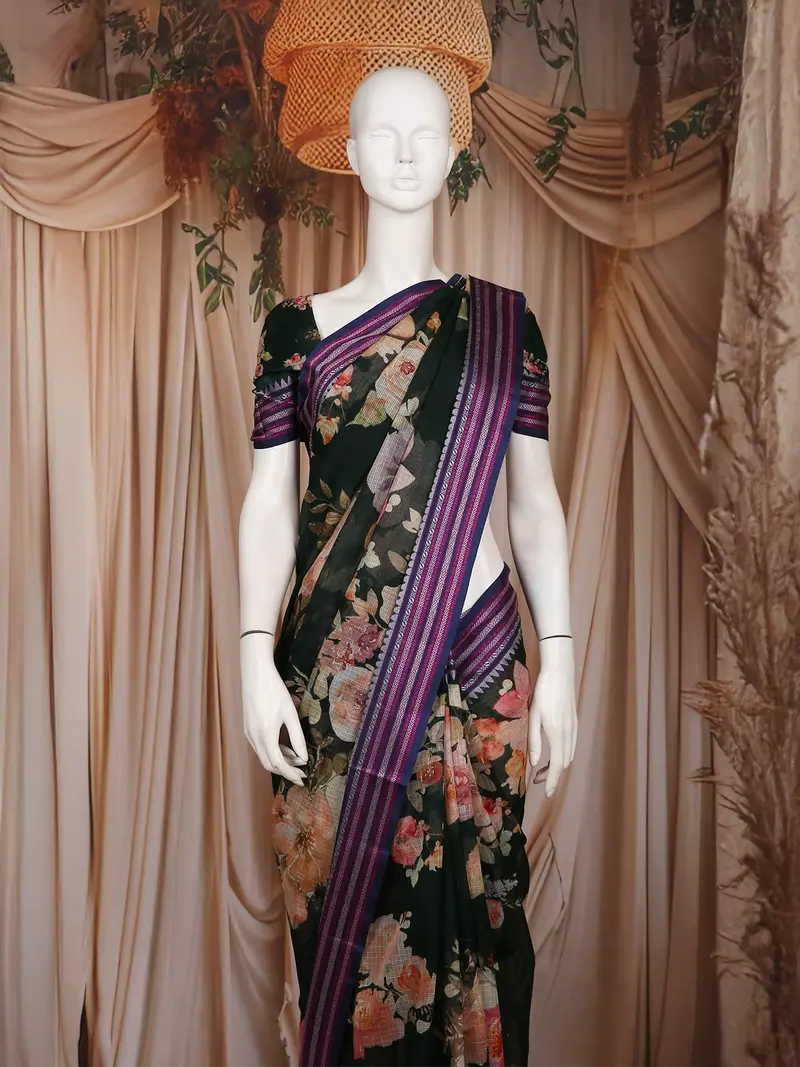 Black Floral Printed Kota Cotton Saree With Contrast Woven Border 2