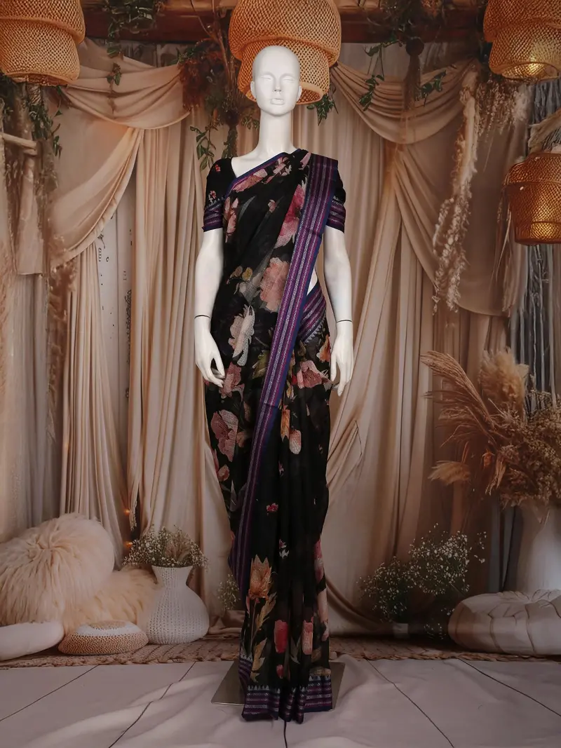 Black Floral Printed Kota Cotton Saree With Woven Border 1