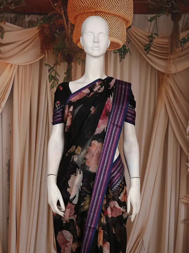 Black Floral Printed Kota Cotton Saree With Woven Border 2