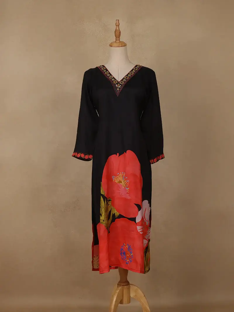 Black Floral Printed Rayon Kurti 1