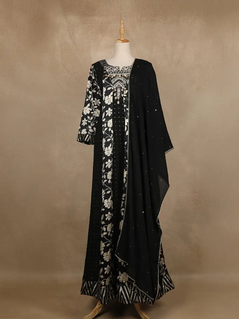Black Floral Printed Satin Gown With Mirror Work Yoke And Dupatta 1