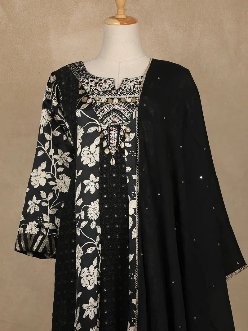 Black Floral Printed Satin Gown With Mirror Work Yoke And Dupatta 2