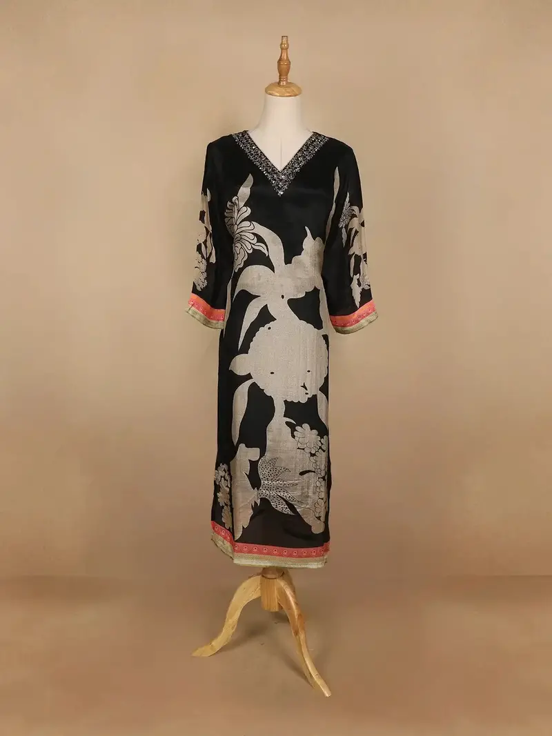 Black Floral Printed Semi Silk Kurti 1