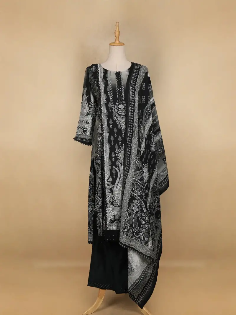Black Floral Printed Semi Silk Salwar Suit 1