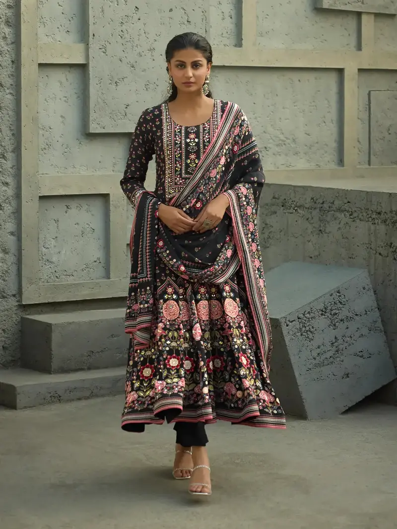 Black Floral Printed Synthetic Salwar Suit 1