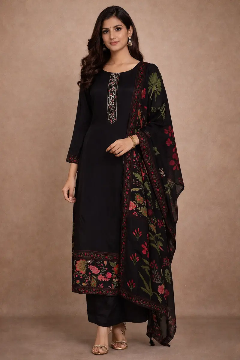 Black Floral Printed Synthetic Salwar Suit 1