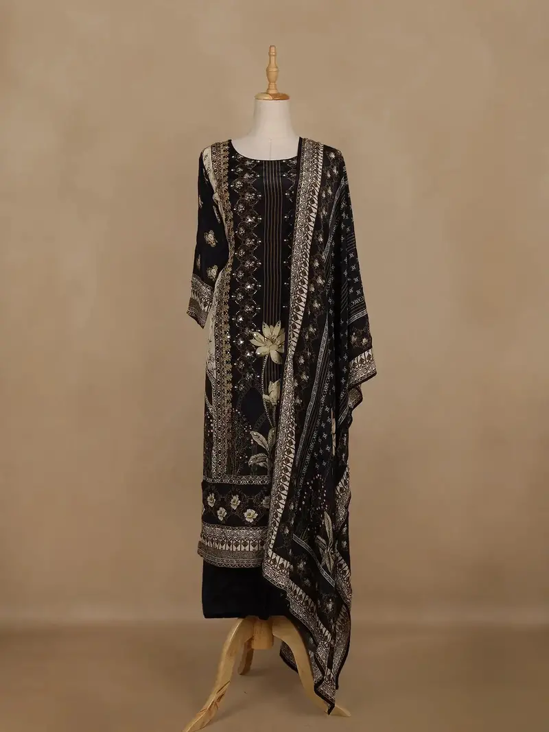 Black Floral Printed Synthetic Salwar Suit With Dupatta 1