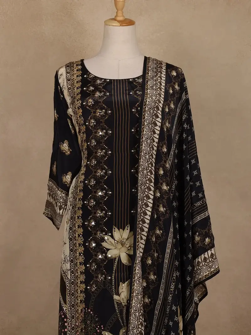 Black Floral Printed Synthetic Salwar Suit With Dupatta 2