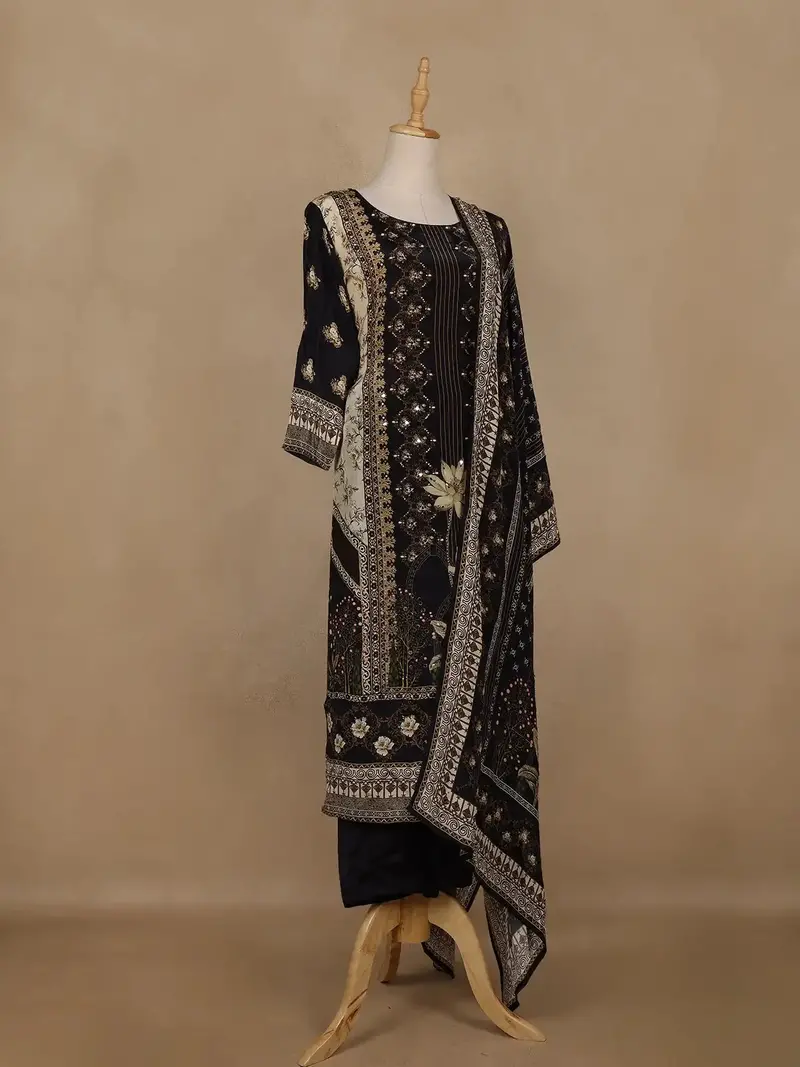 Black Floral Printed Synthetic Salwar Suit With Dupatta 4
