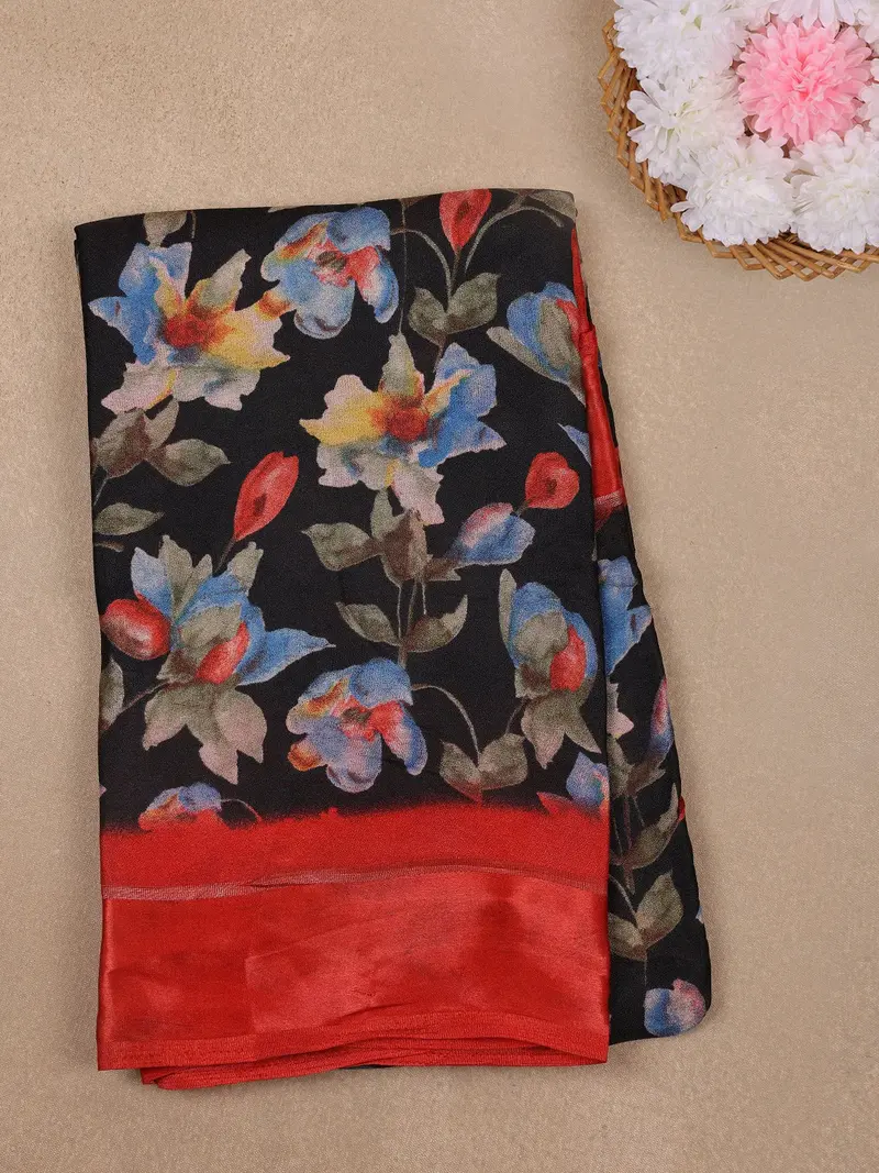Black Floral Prints Fancy Chiffon Saree 1