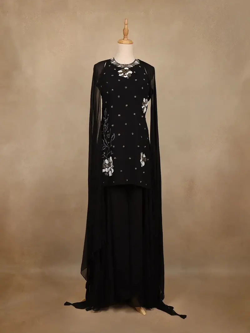 Black Floral Sequin Embroidered Georgette Palazzo Suit 1
