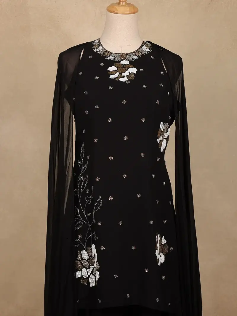 Black Floral Sequin Embroidered Georgette Palazzo Suit 2
