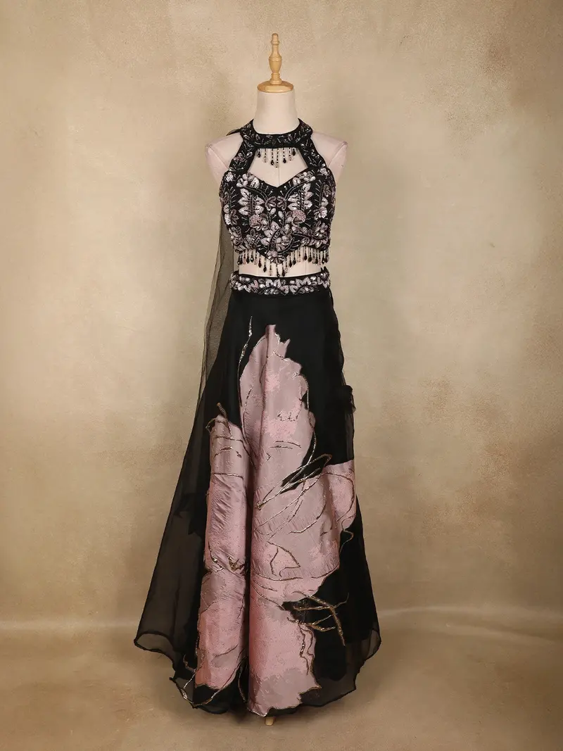 Black Floral Sequins And Beads Embroidered Design Net Party Wear Lehenga 1