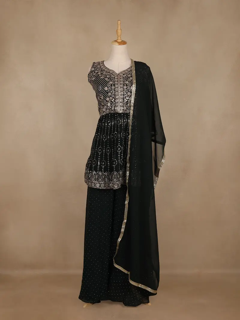 Black Floral Sequins Embroidered Georgette Palazzo Suit 1