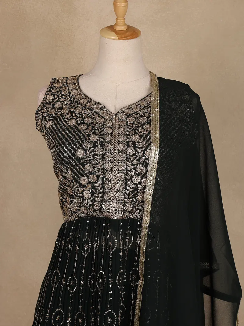 Black Floral Sequins Embroidered Georgette Palazzo Suit 2