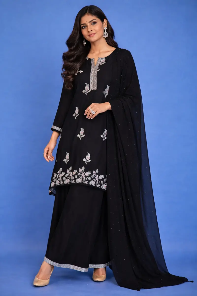 Black Floral Sequins Embroidered Georgette Sharara Salwar Suit 1