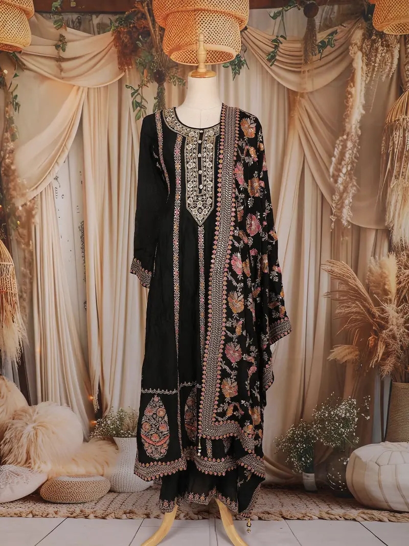 Black Floral Thread And Mirror Embroidered Design Georgette Palazzo Suit 1