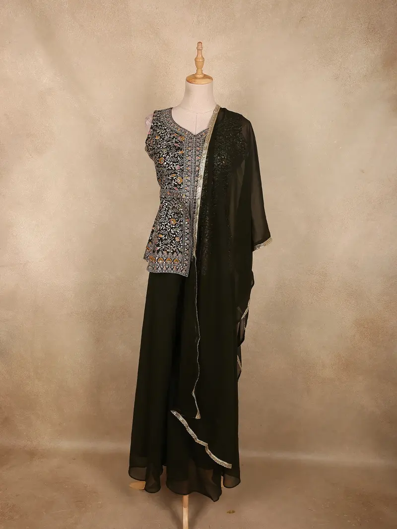 Black Floral Thread Embroidered Design Georgette Palazzo Suit With Dupatta 1