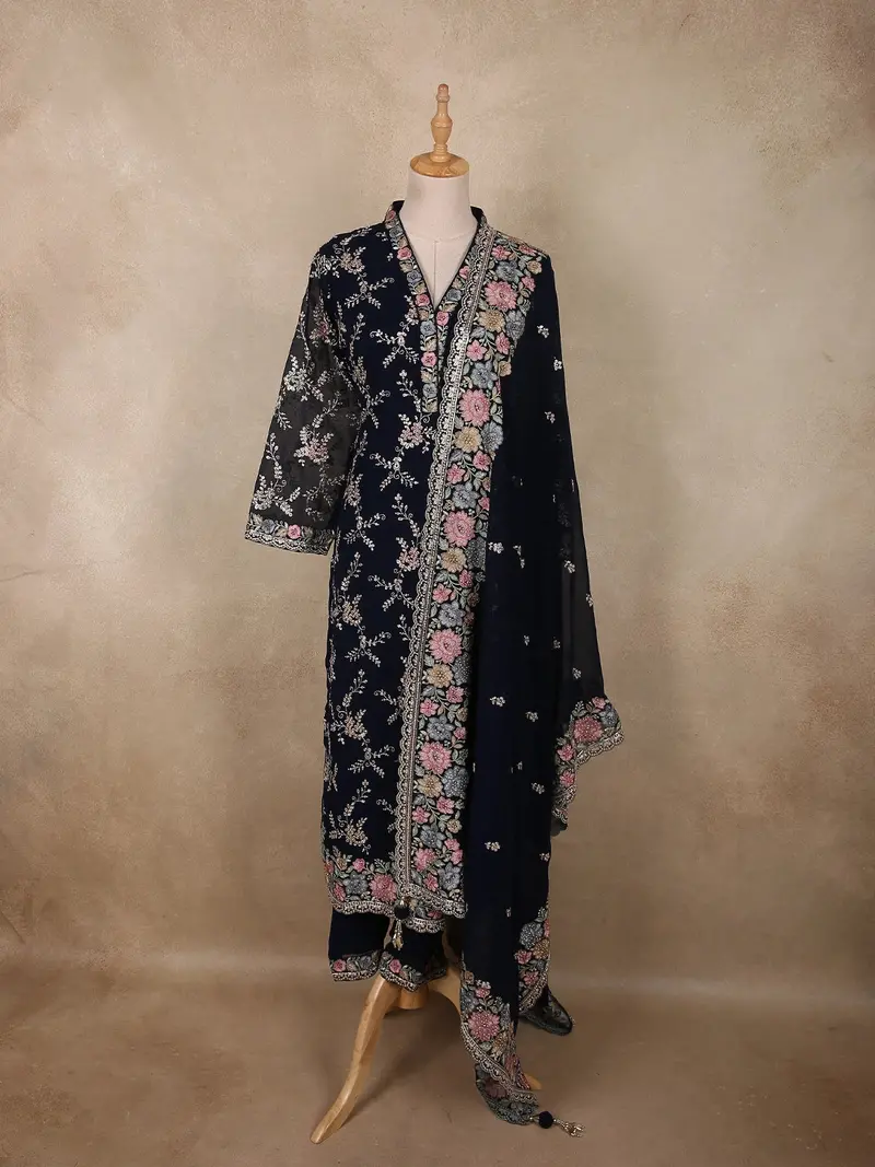 Black Floral Thread Embroidered Design Georgette Salwar Suit With Dupatta 1