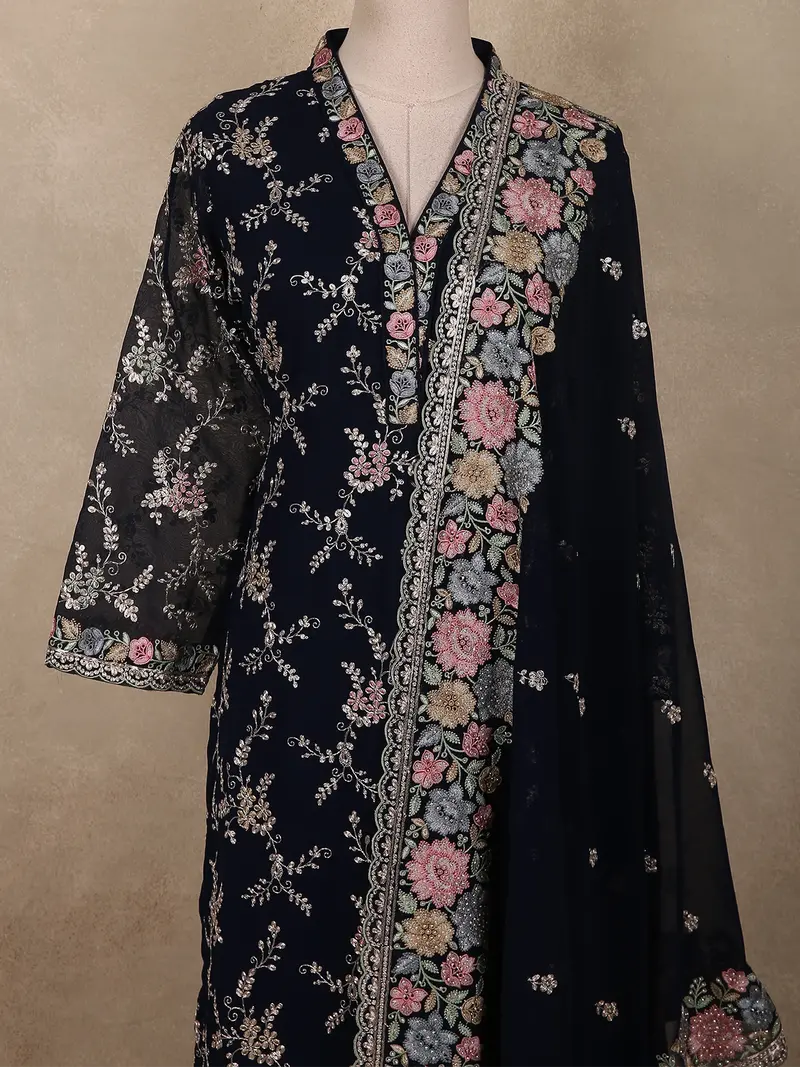 Black Floral Thread Embroidered Design Georgette Salwar Suit With Dupatta 2
