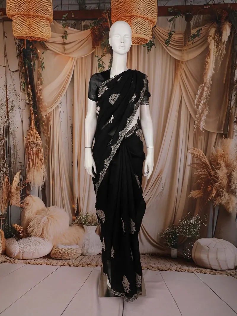 Black Floral Thread Embroidered Design Tussar Designer Saree 1
