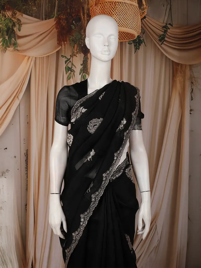 Black Floral Thread Embroidered Design Tussar Designer Saree 2