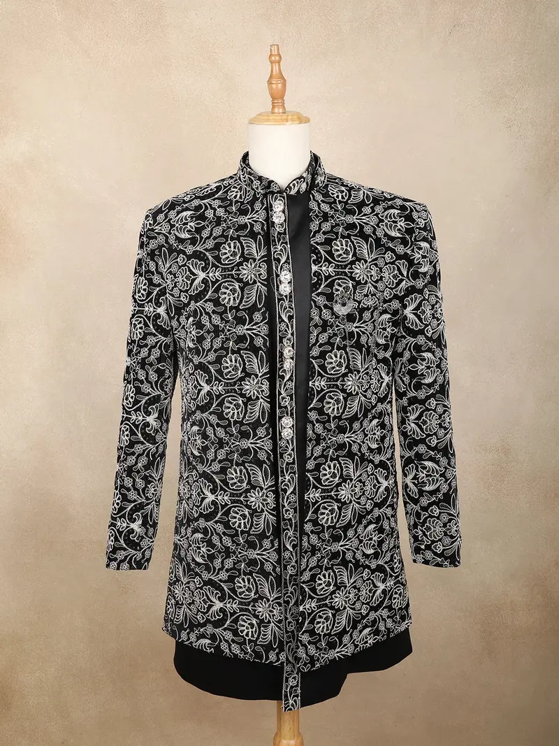 Black Floral Thread Embroidered Design Velvet Indo-Western Sherwani Set 1