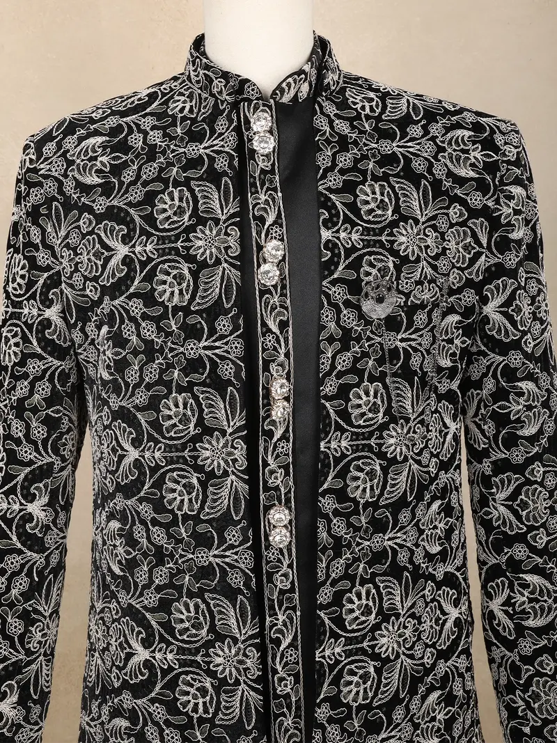 Black Floral Thread Embroidered Design Velvet Indo-Western Sherwani Set 2