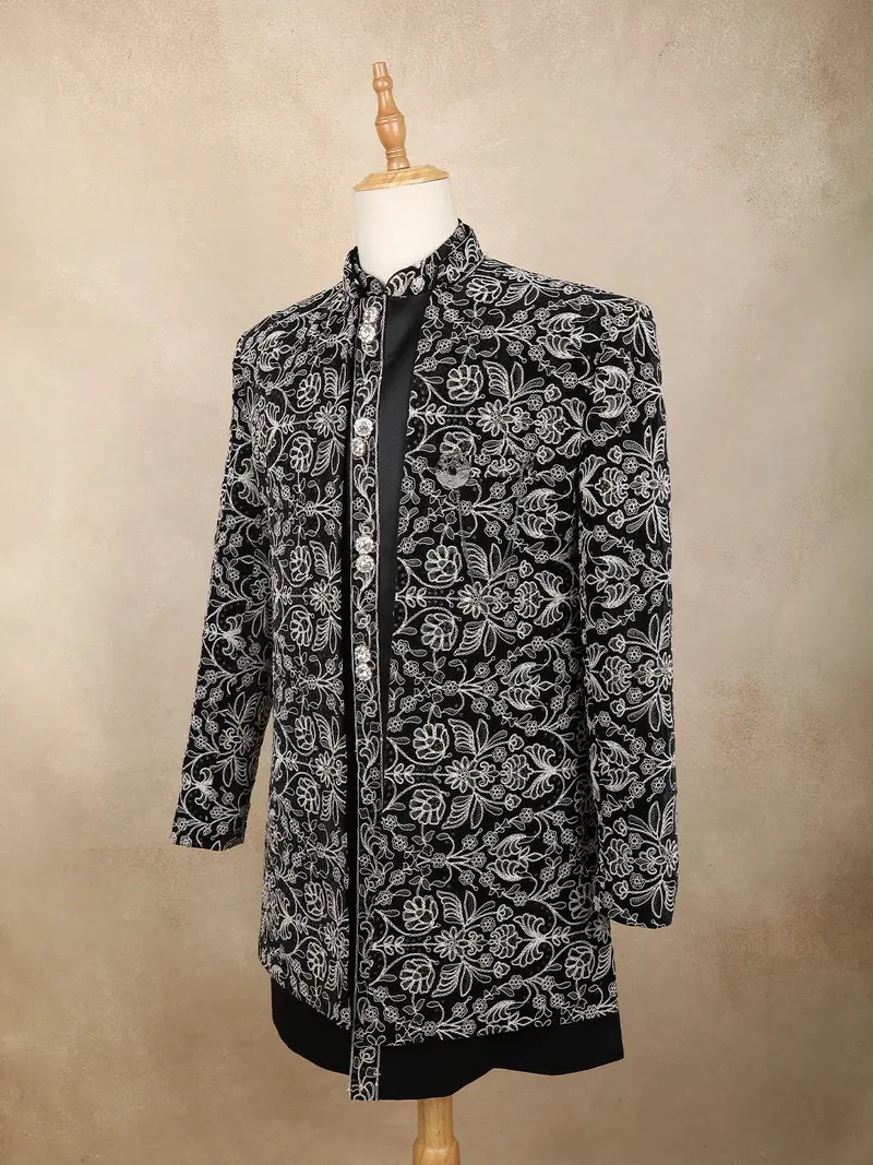 Black Floral Thread Embroidered Design Velvet Indo-Western Sherwani Set 3