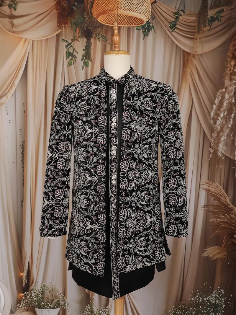 Black Floral Thread Embroidered Velvet Indo-Western Sherwani 1