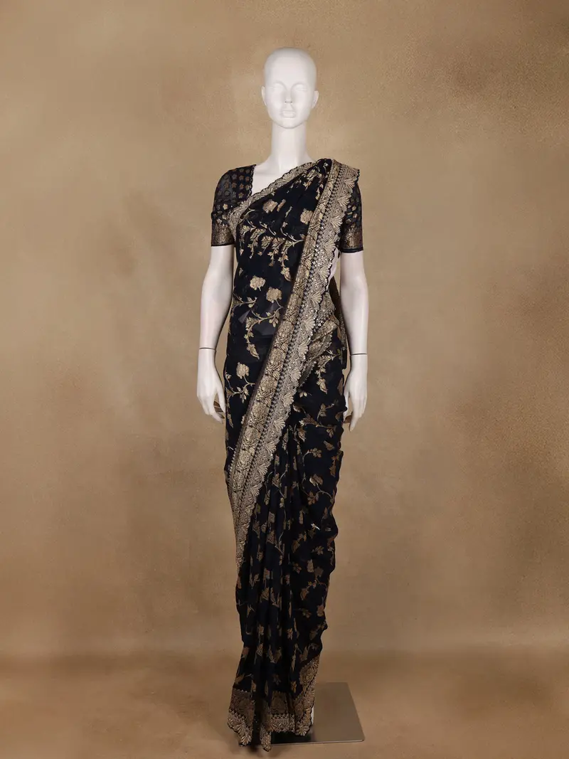 Black Floral Woven Design Banarasi Silk Saree 1