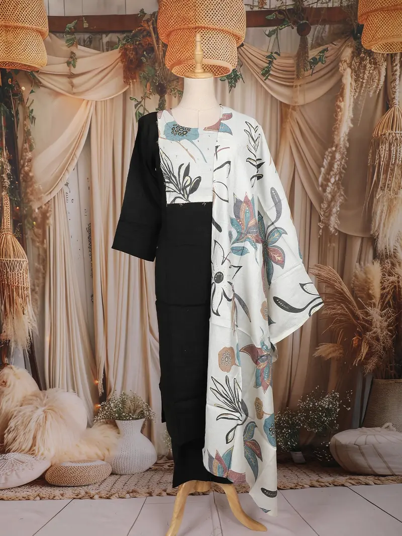 Black Floral Woven Design Cotton Straight Cut Salwar Suit With Dupatta 1