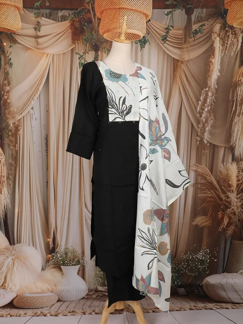 Black Floral Woven Design Cotton Straight Cut Salwar Suit With Dupatta 3