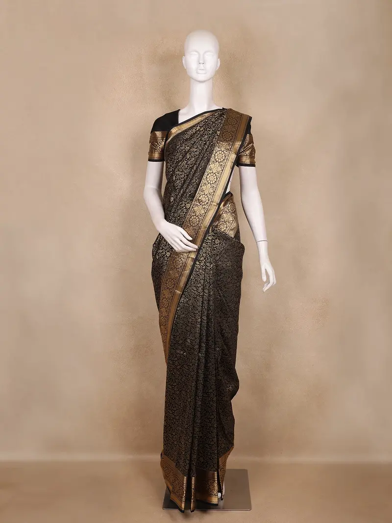 Black Floral Woven Design Kanchipuram Silk Saree 1