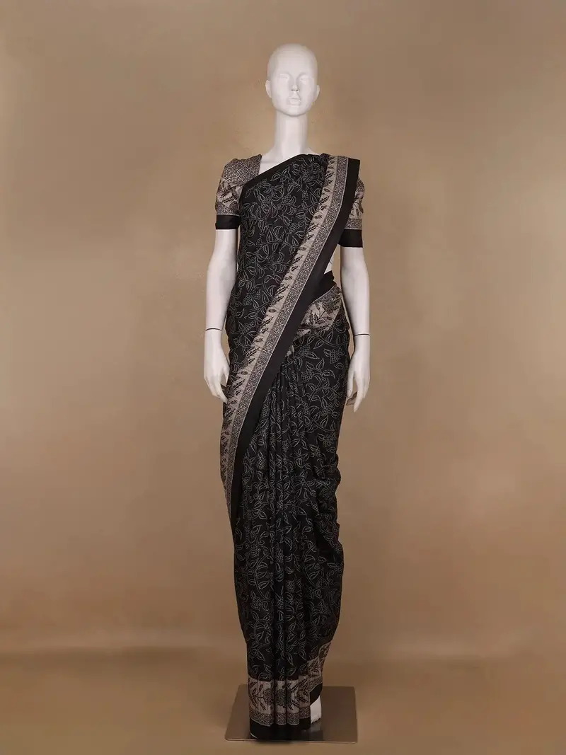 Black Floral Woven Design Tussar Silk Saree 1