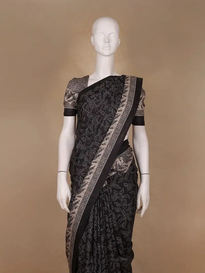 Black Floral Woven Design Tussar Silk Saree 2