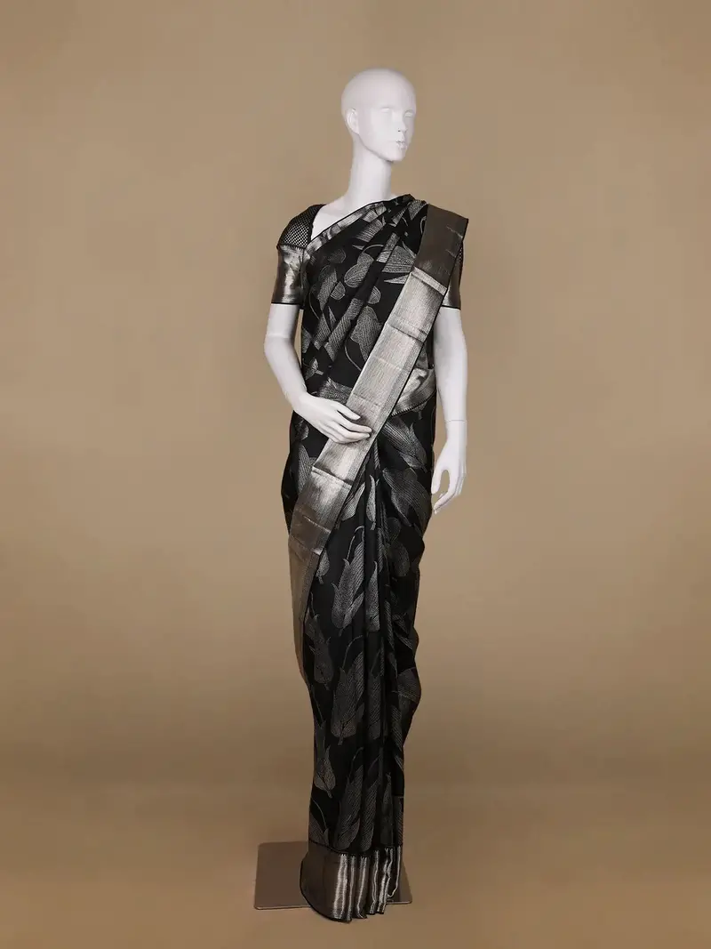 Black Floral Woven Pure Kanchipuram Silk Saree 1