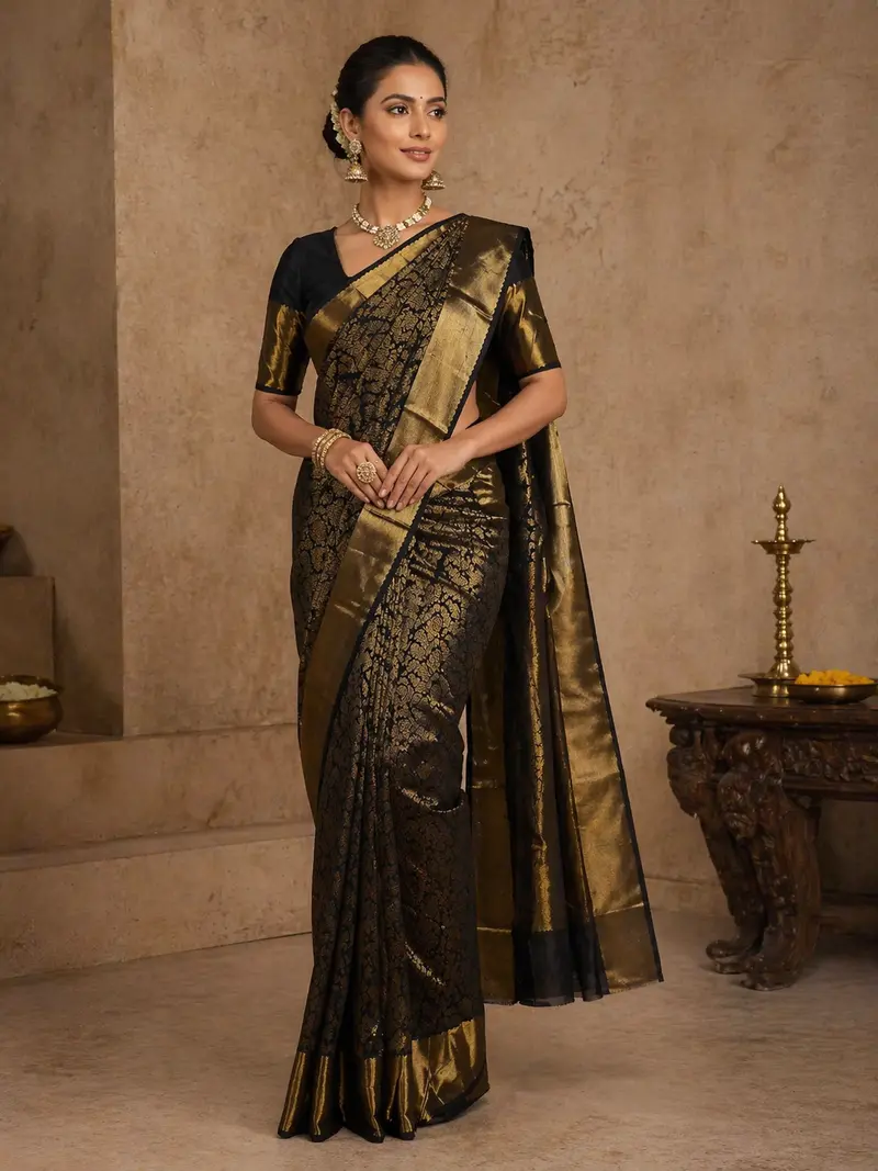 Black Floral Woven Pure Kanchipuram Silk Saree 1