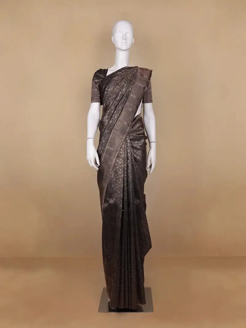 Black Floral Woven Pure Kanchipuram Silk Saree With Zari Border 1