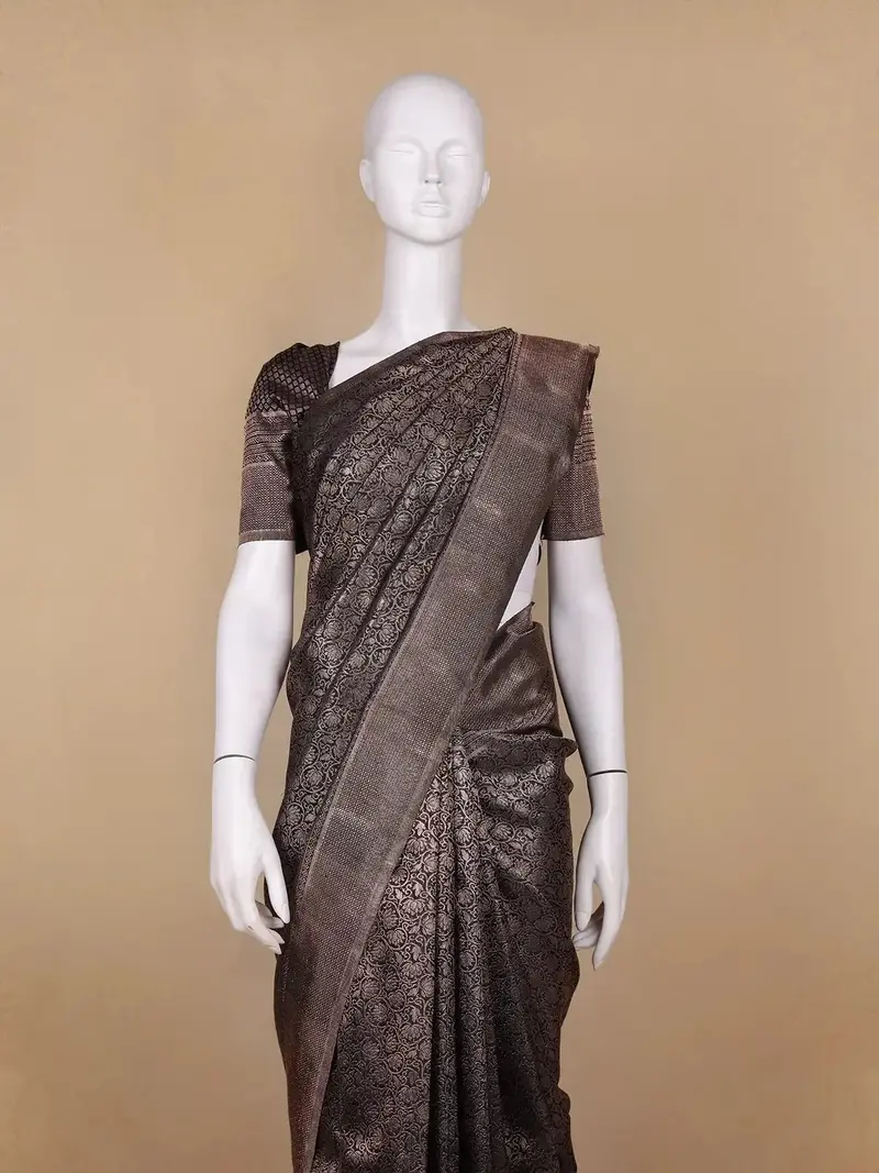 Black Floral Woven Pure Kanchipuram Silk Saree With Zari Border 2