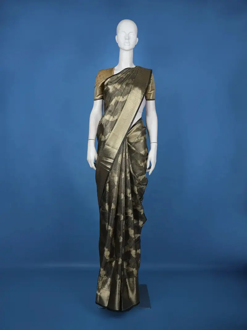 Black Floral Woven Semi Tussar Saree 1